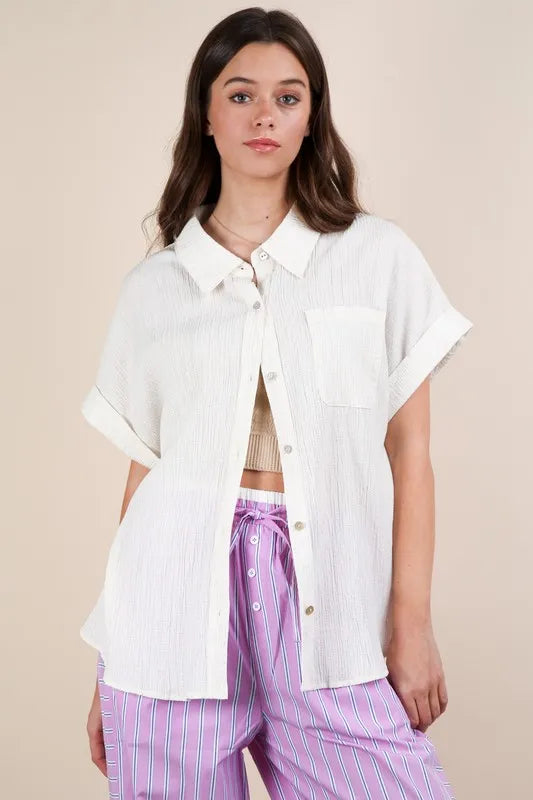 VERY J Oversized Dolman Sleeve Crinkled Woven Shirt OATMEAL