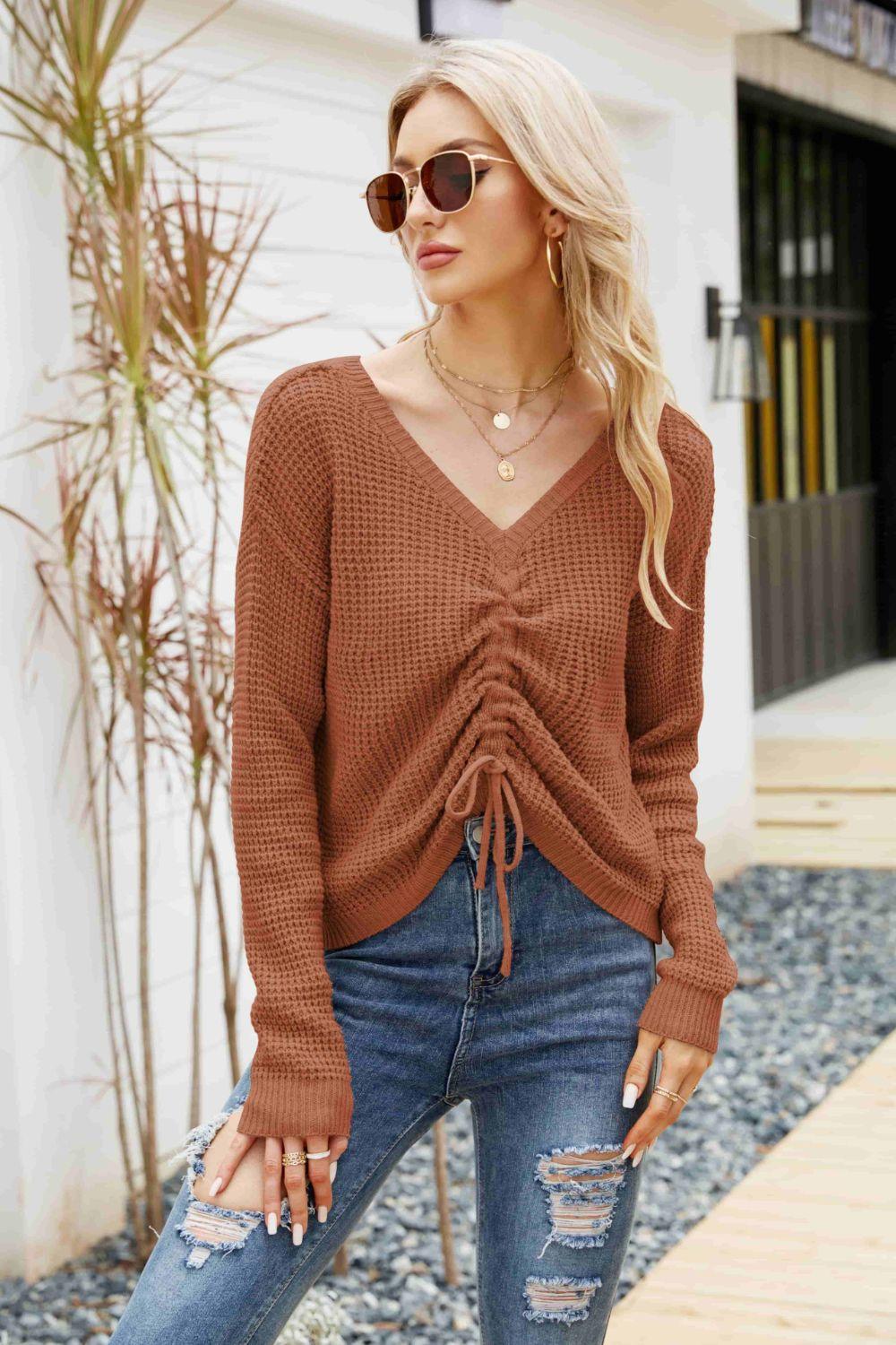 Waffle-Knit Drawstring Detail V-Neck Sweater Brown