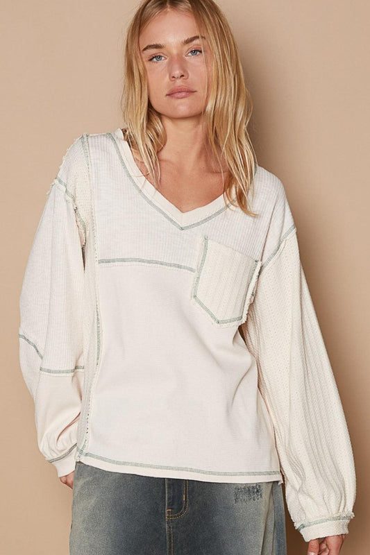 POL V-Neck knit Panel Exposed Seam Top Cream