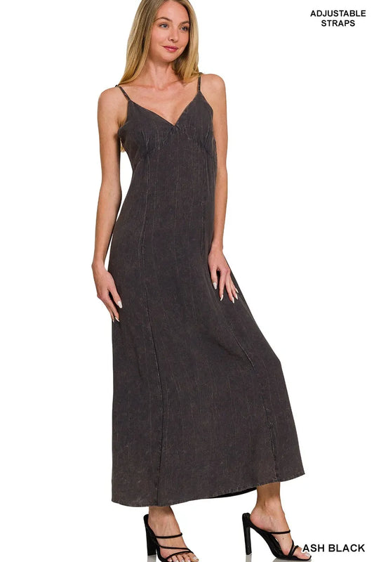 Zenana Mineral Washed Rayon Challis Cami Dress ASH BLACK