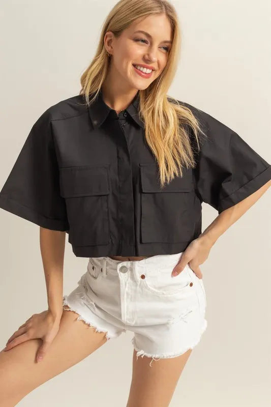 HYFVE Front Pockets Poplin Collared Neck Crop Shirt Black