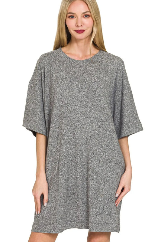 Zenana Soft Melange Hacci T-shirts Dress BLACK