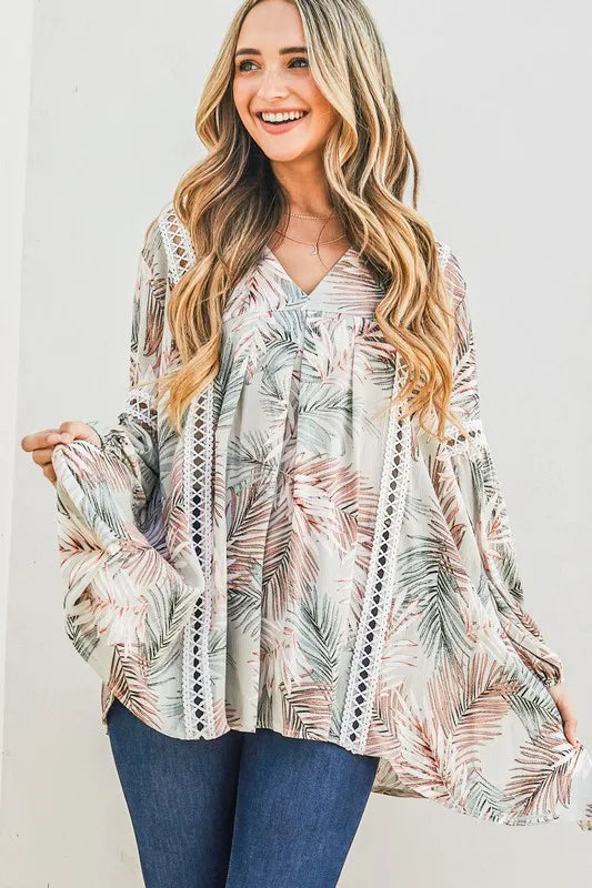And The Why Printed with Lace Trim Casual Tunic Top SAGE