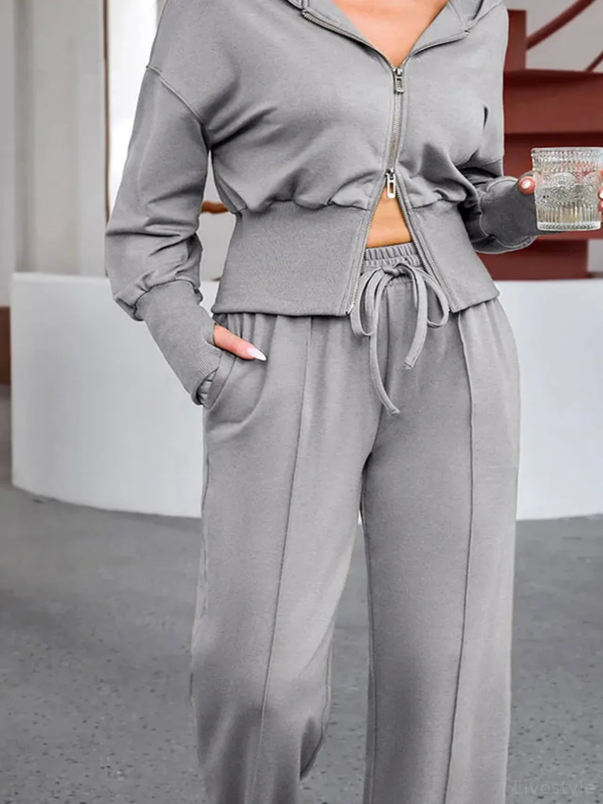 Dropped Shoulder Hoodie and Drawstring Pants Active Set