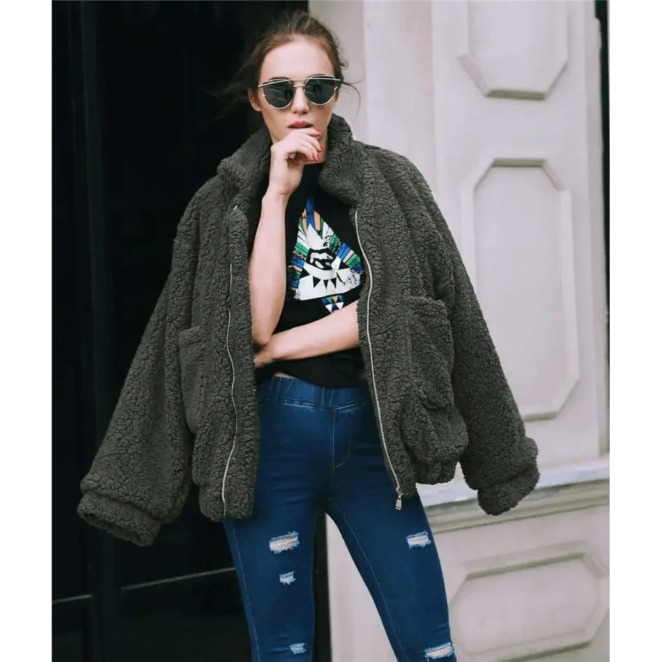 Durable Autumn Winter Faux Fur Coat For Women Casual Warm Soft Zipper Fur Jacket Plush Overcoat Pocket Plus Size Teddy Coat For Female
