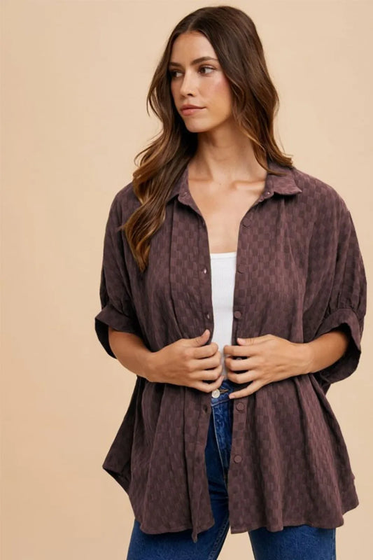 Annie Wear Checkered Button Up Half Sleeve Shirt Chocolate