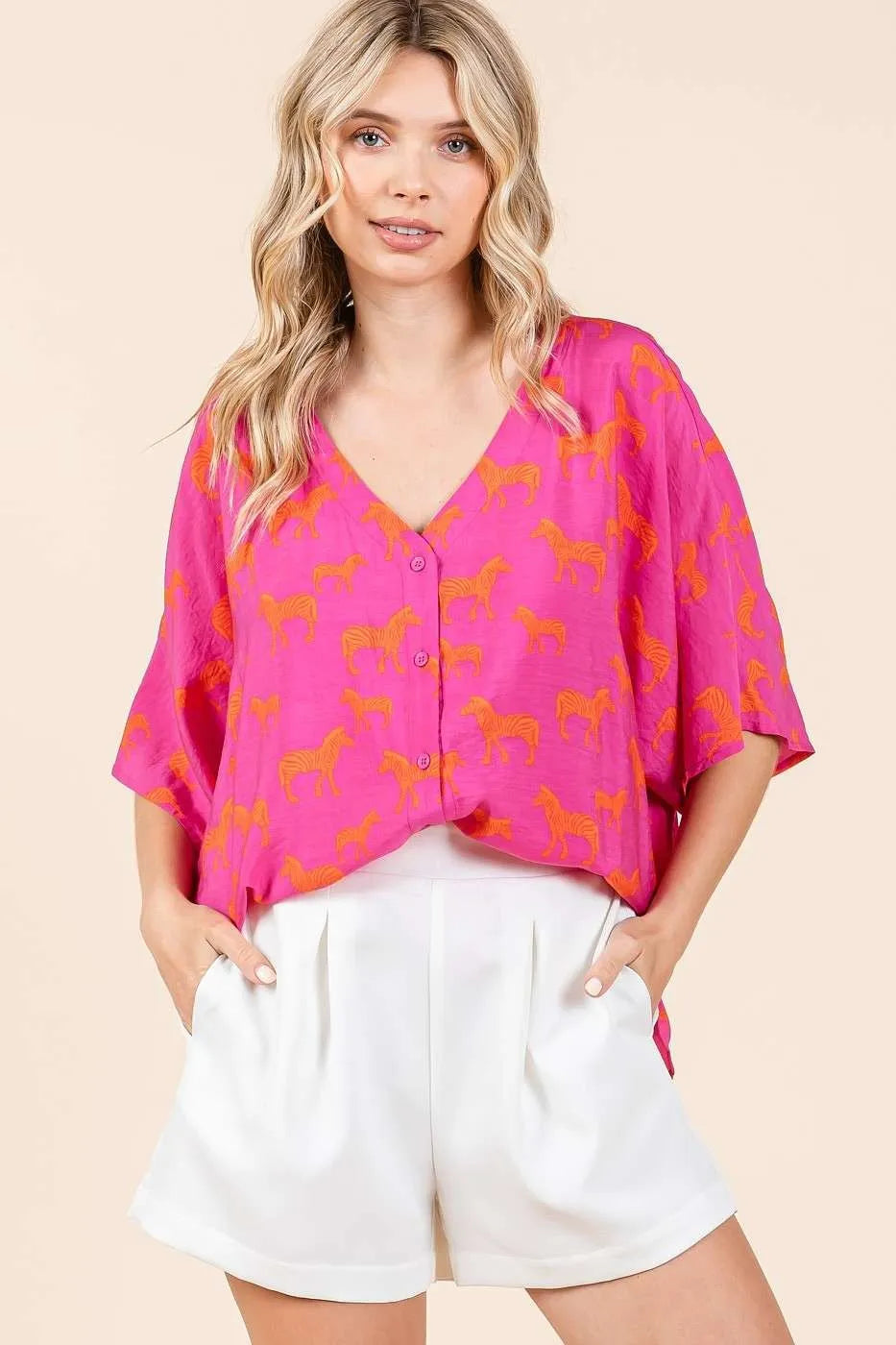 Mittoshop Zebra Print V-Neck Button Down Dolman Sleeve Top