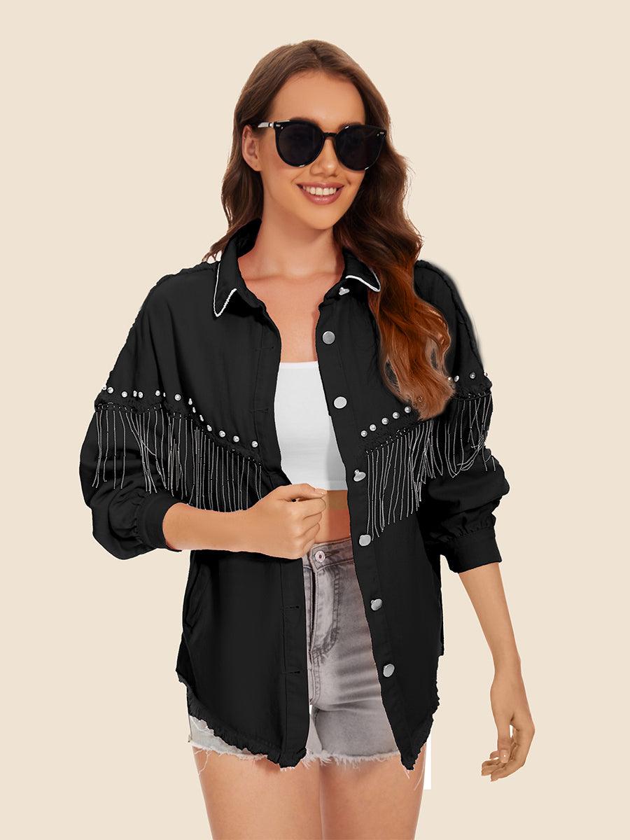 Raw Hem Fringe Detail Denim Jacket Black