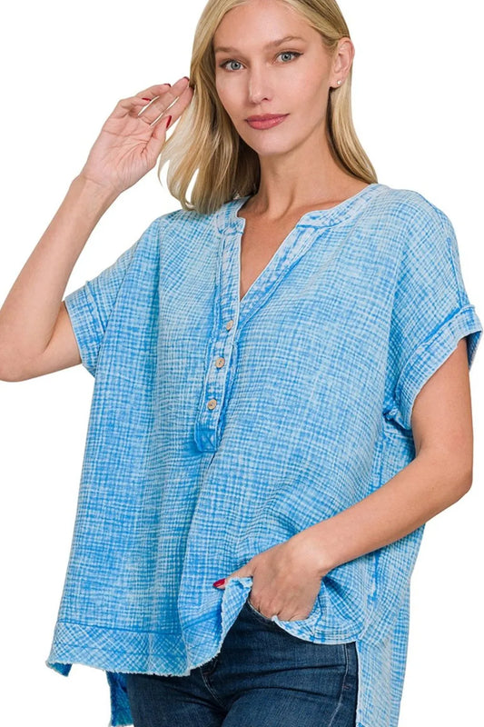 Zenana Washed Double Gauze 3/4 Button Henley Neck Shirt DEEP SKY