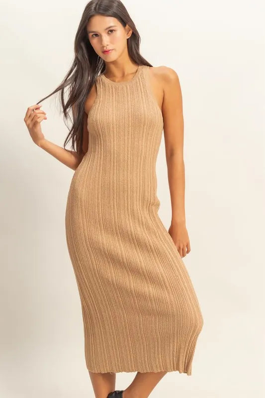 HYFVE Round Neck Bodycon Ribbed Knit Dress DARK TAUPE