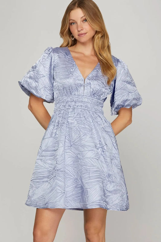 She + Sky Crinkle Woven V-Neck Balloon Sleeve Mini Dress Light Blue