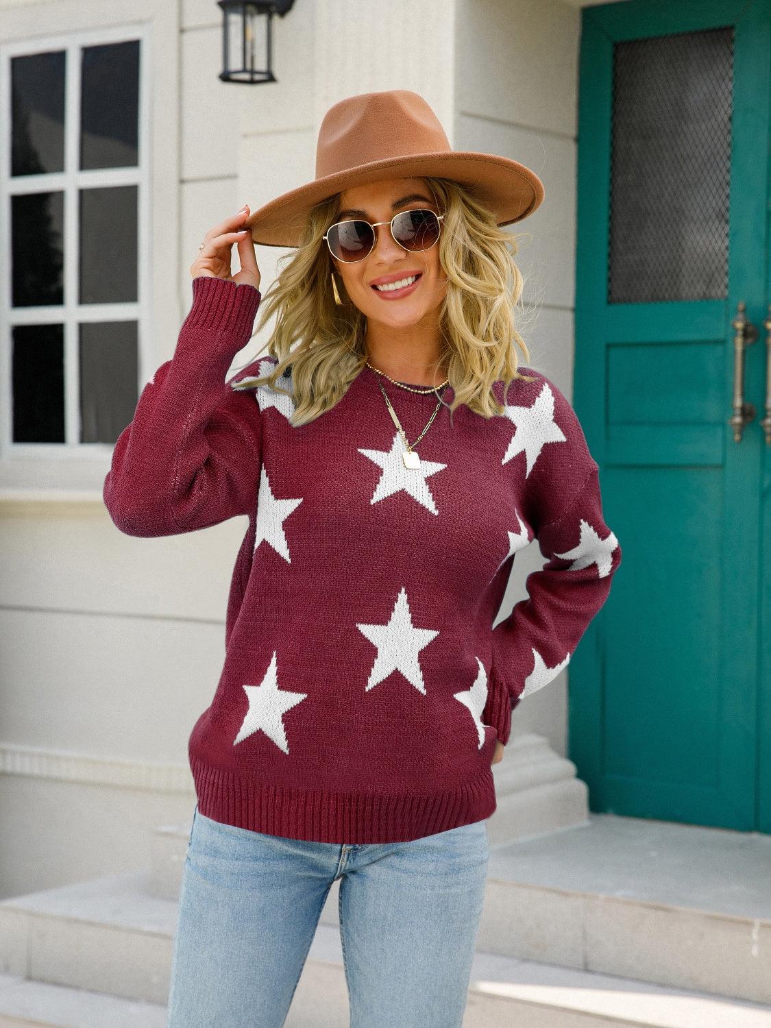 Angel Wings Star Round Neck Dropped Shoulder Sweater Burgundy
