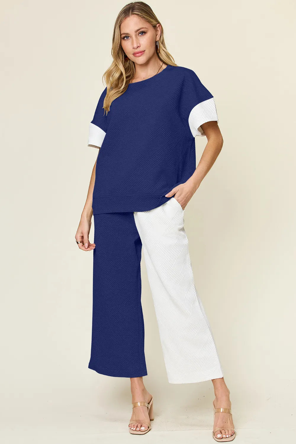 Double Take Full Size Texture Contrast T-Shirt and Wide Leg Pants Set Royal Blue