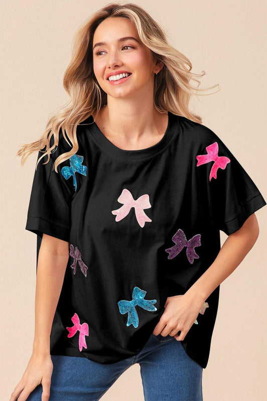 BiBi Sequin Bow Patch Short Sleeve T-Shirt Black