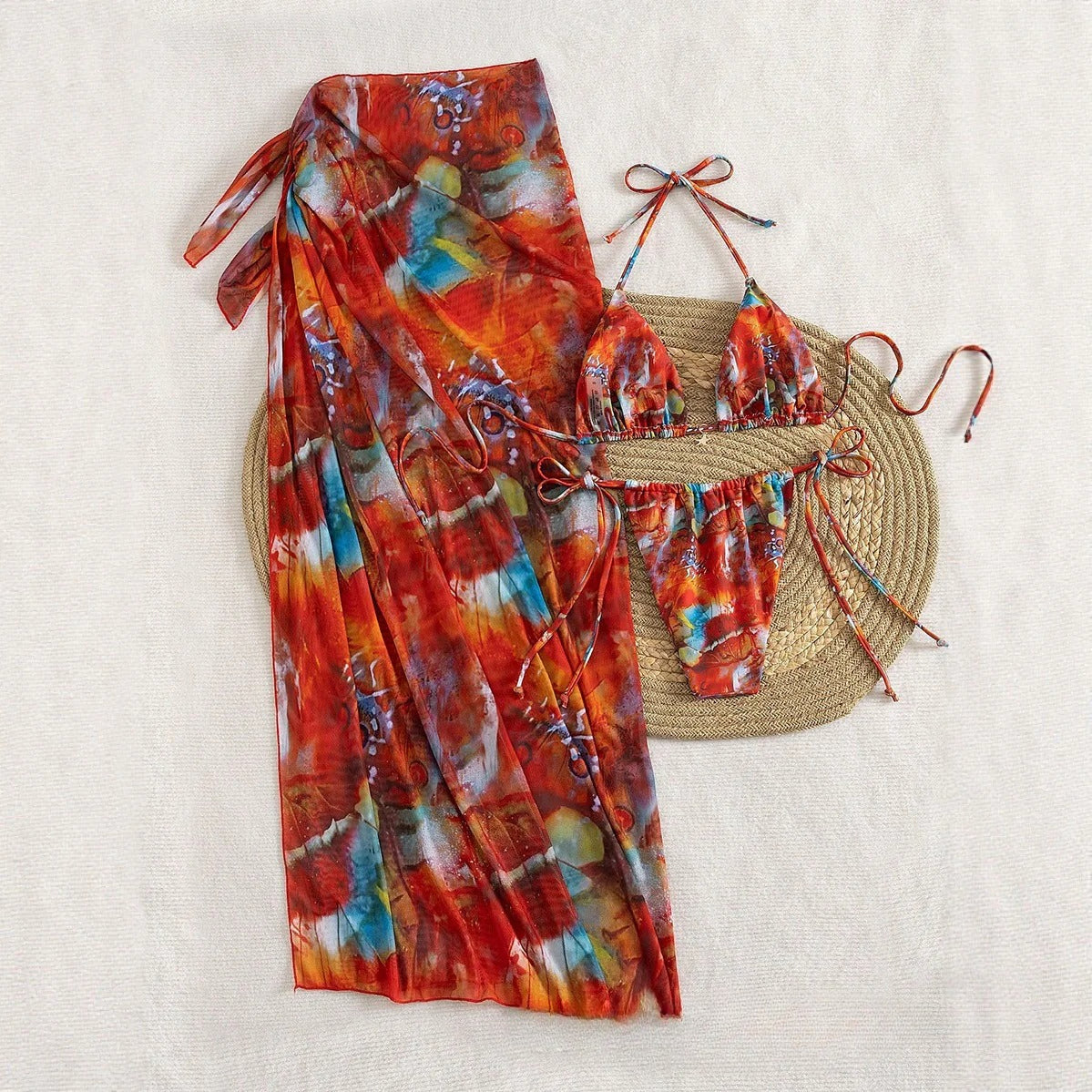 Sexy Lace-Up Separated Bikini Three-Piece Swimsuit with Long Apron for Swimwear