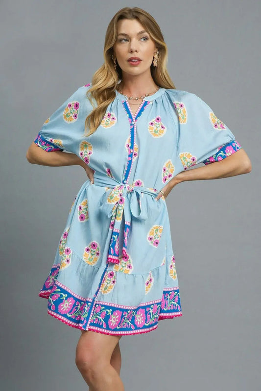 Umgee Floral Print Tie Waist Short Sleeve Dress Pastel Blue
