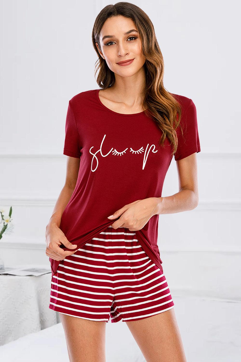 Graphic Round Neck Top and Striped Shorts Lounge Set Scarlet