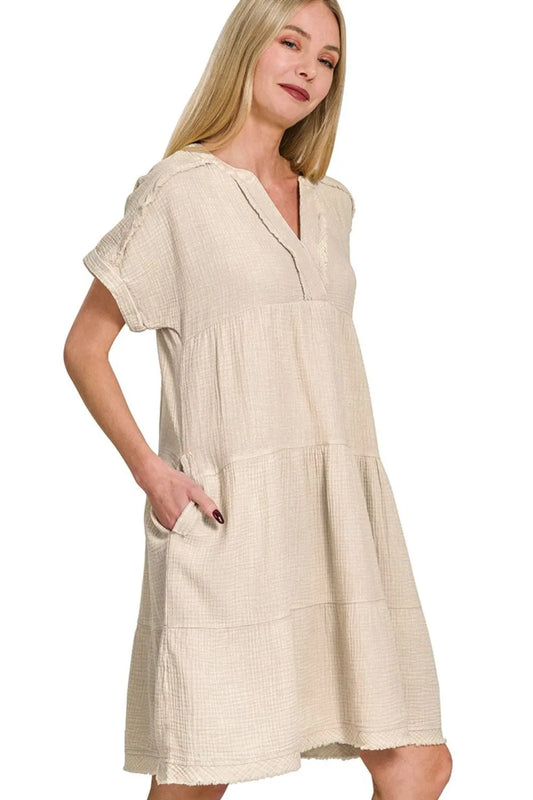 Zenana Washed Double Gauze Raw Edge V-neck Dress SAND BEIGE
