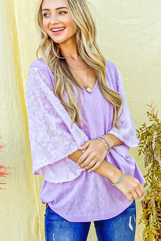 And The Why Feather Detailed 3/4 Sleeve Slub Top