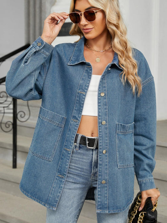 Removable Hood Button Up Long Sleeve Denim Jacket Medium