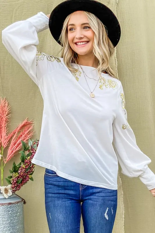 And The Why Flower Gold Embroidery Shoulder Detailed Top