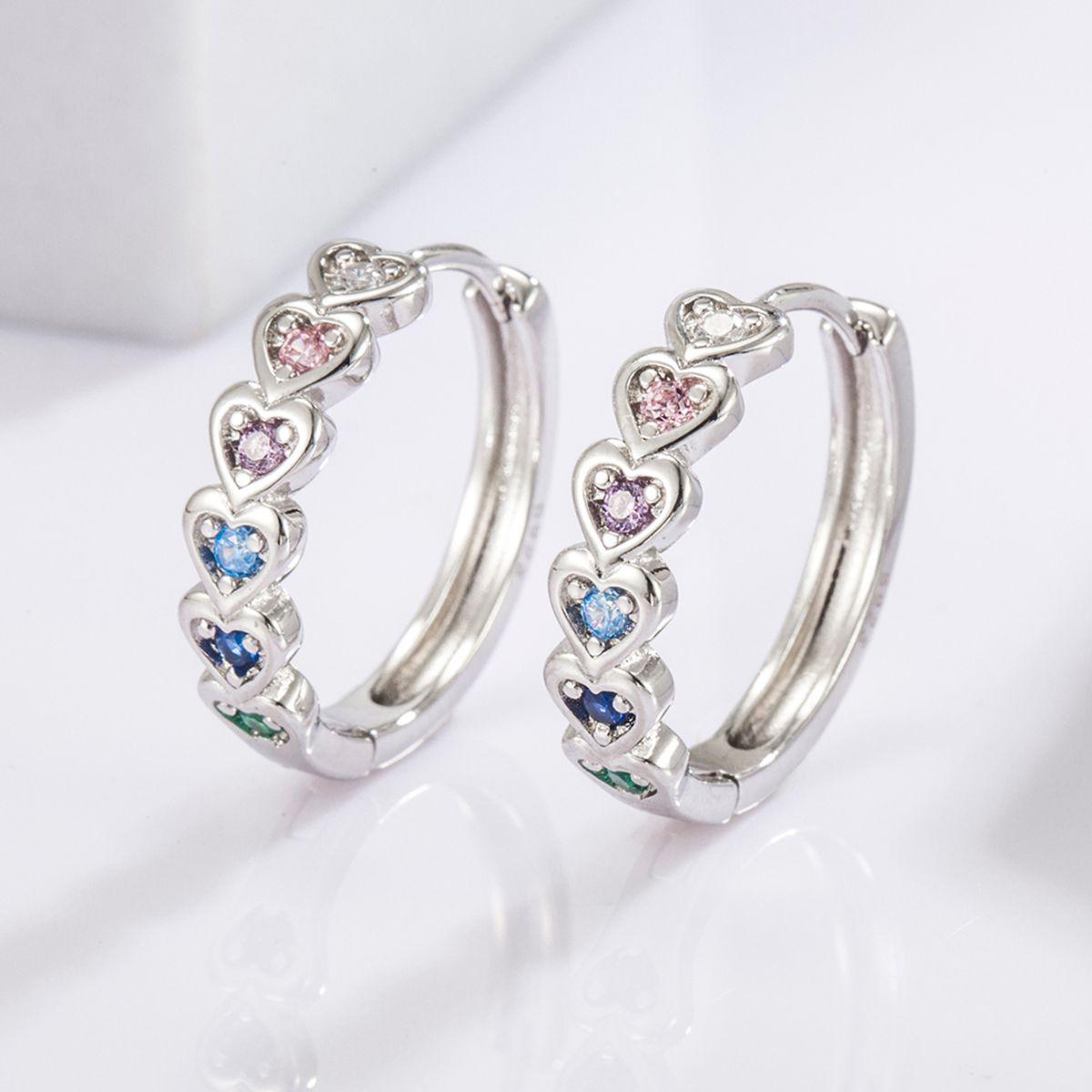 925 Sterling Silver Inlaid Zircon Heart Huggie Earrings Silver One Size