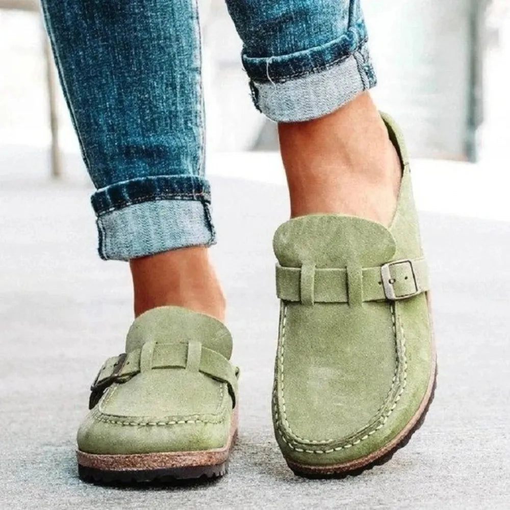 Round Toe Low Heel Buckle Loafers Sage