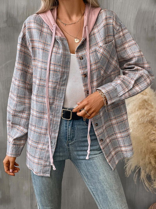 Plaid Long Sleeve Hooded Jacket Gray