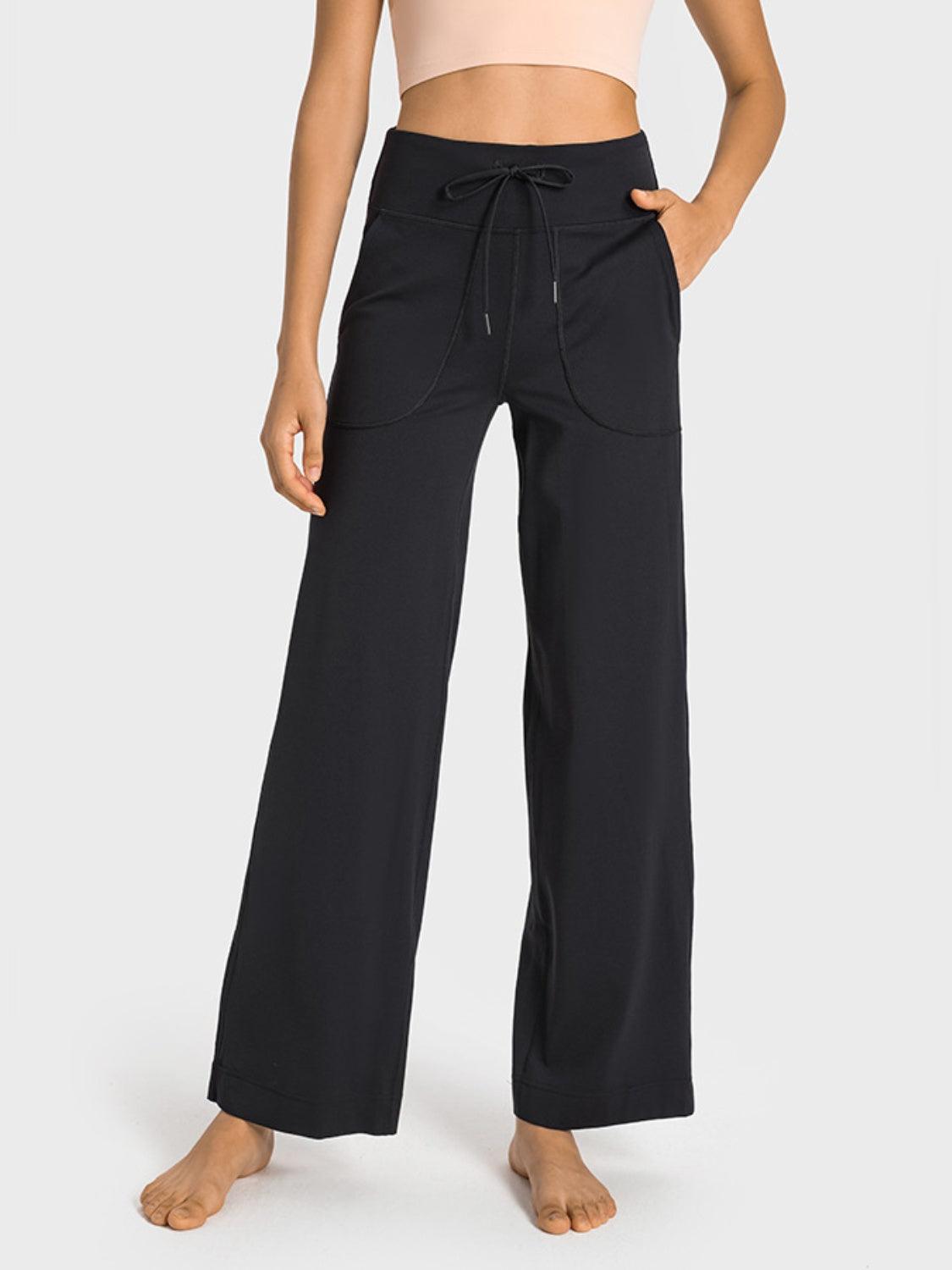 Millennia Drawstring Waist Wide Leg Sports Pants with Pockets Black