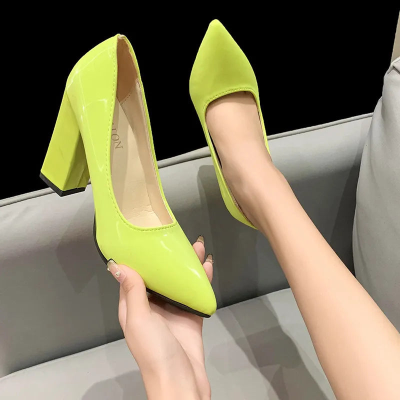Point Toe Block Heels Pumps Light Green