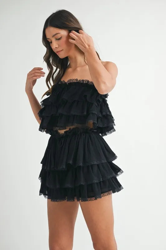 MABLE Ruffle Layered Crop Top and Mini Skirt Set