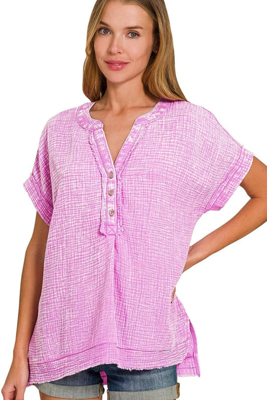 Zenana Washed Double Gauze 3/4 Button Henley Neck Shirt BRIGHT MAUVE