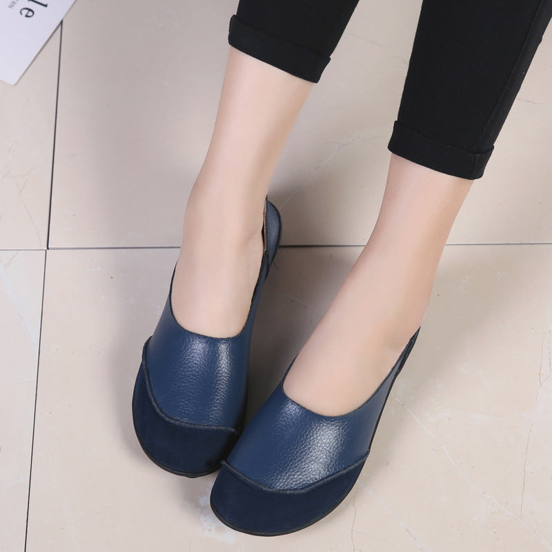 Women's Korean Casual Slip-On Loafers | Low Heel Round Toe Leather Shoes