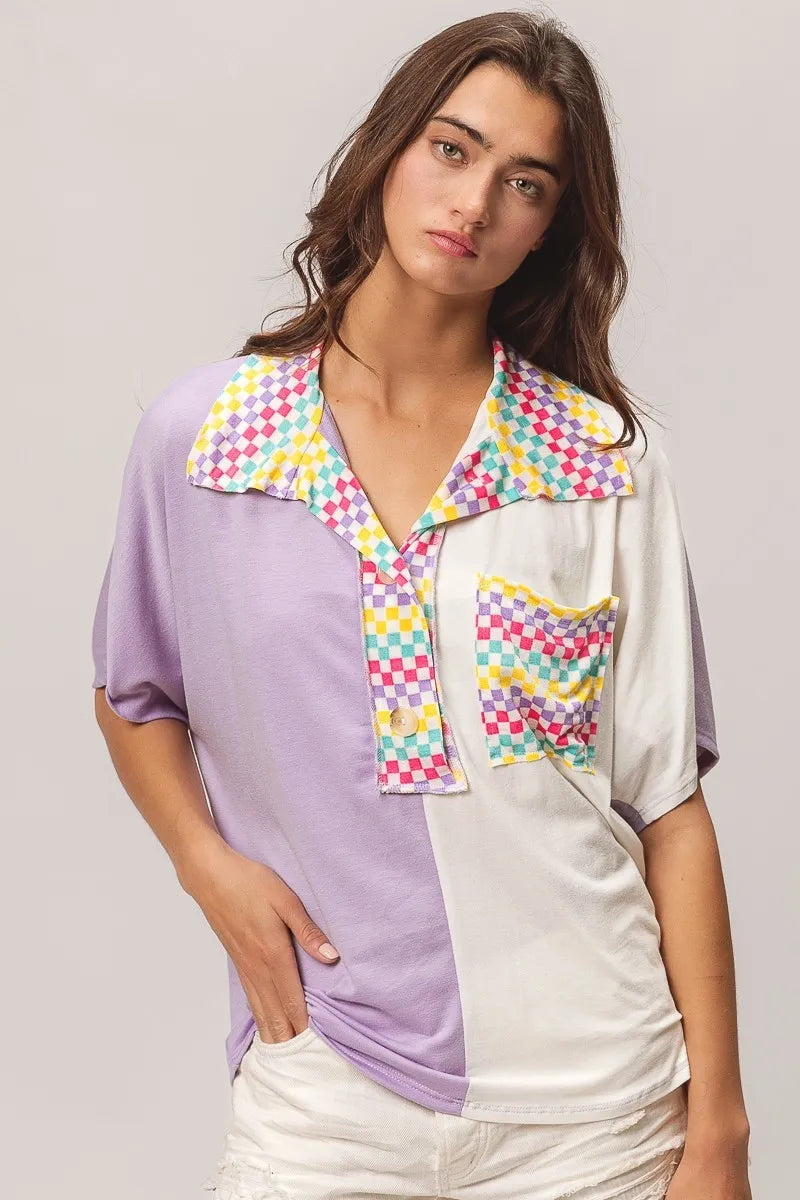 BiBi Color Block Knit with Multi Checker Contrast Top