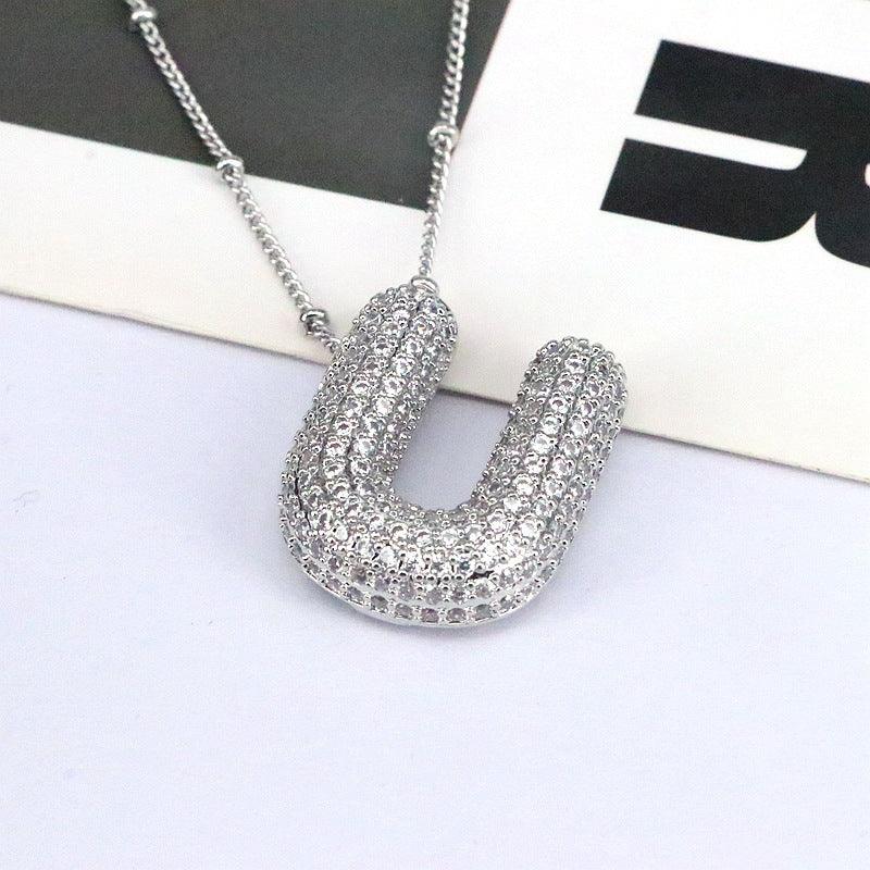 Copper Inlaid Zircon Letter Pendant Necklace Style U One Size