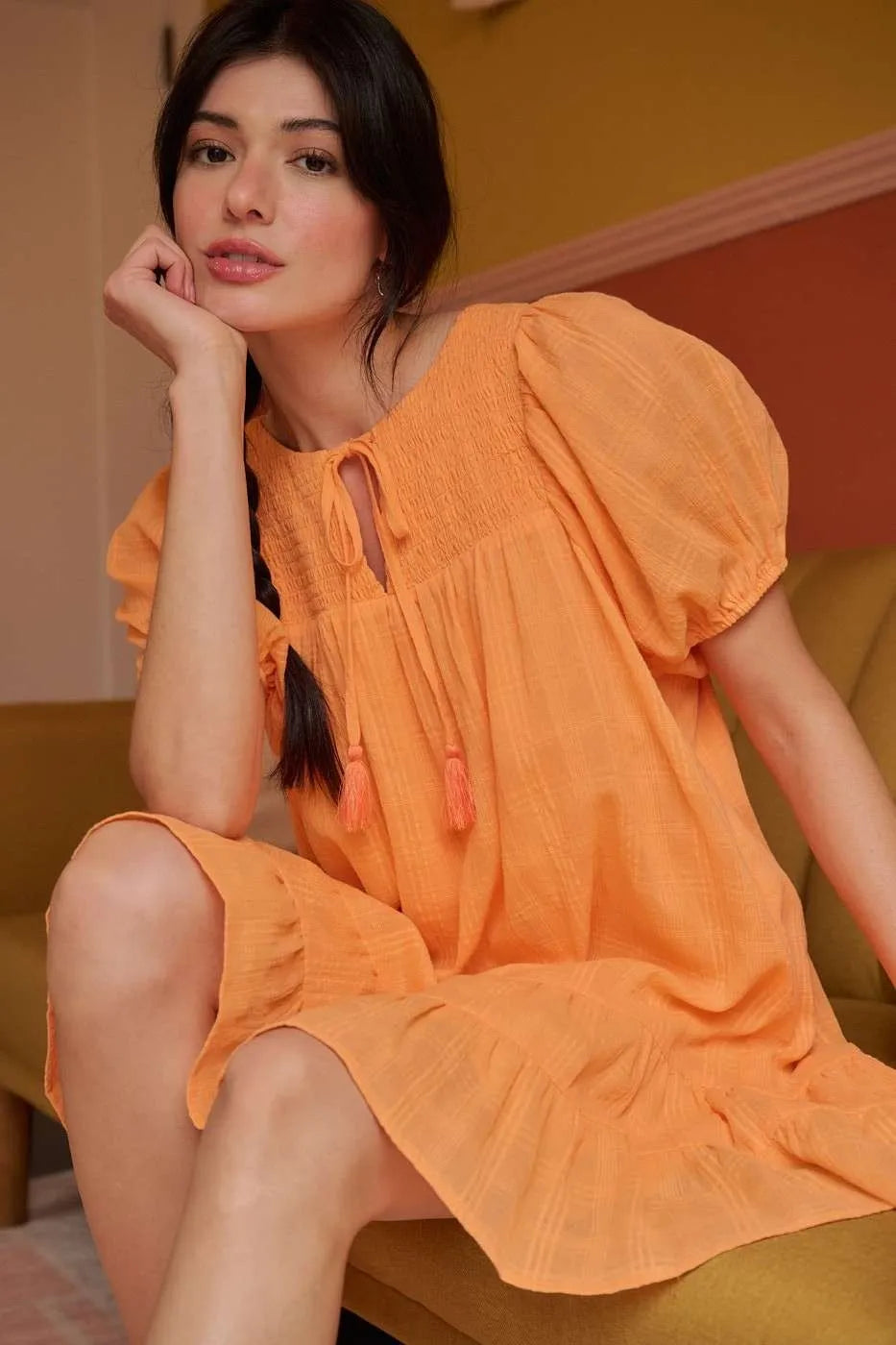 Mittoshop Tassel Tie Plaid Gauze Short Sleeve Mini Dress CANTALOUPE