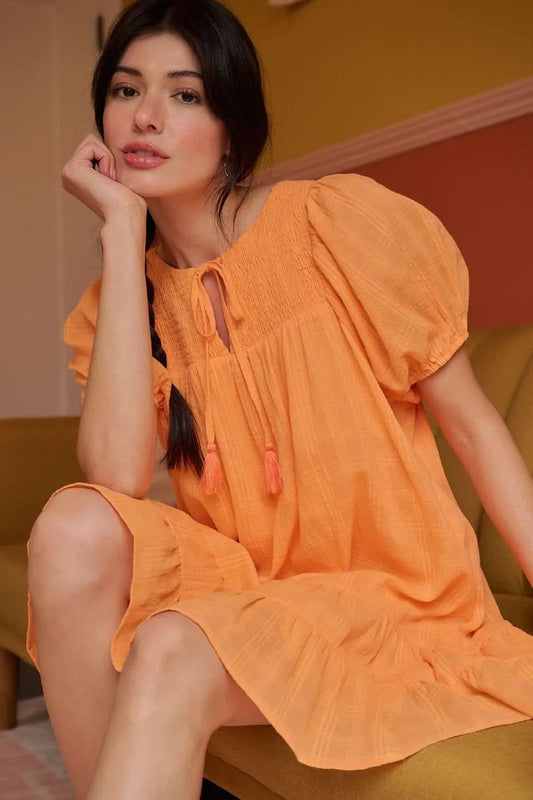 Mittoshop Tassel Tie Plaid Gauze Short Sleeve Mini Dress CANTALOUPE