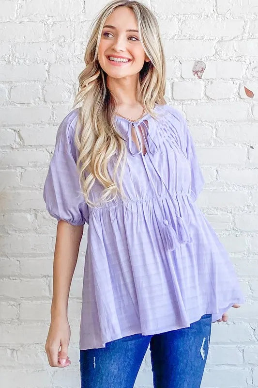 And The Why Textured Pintuck Blouse Top with Tassels LAVENDER