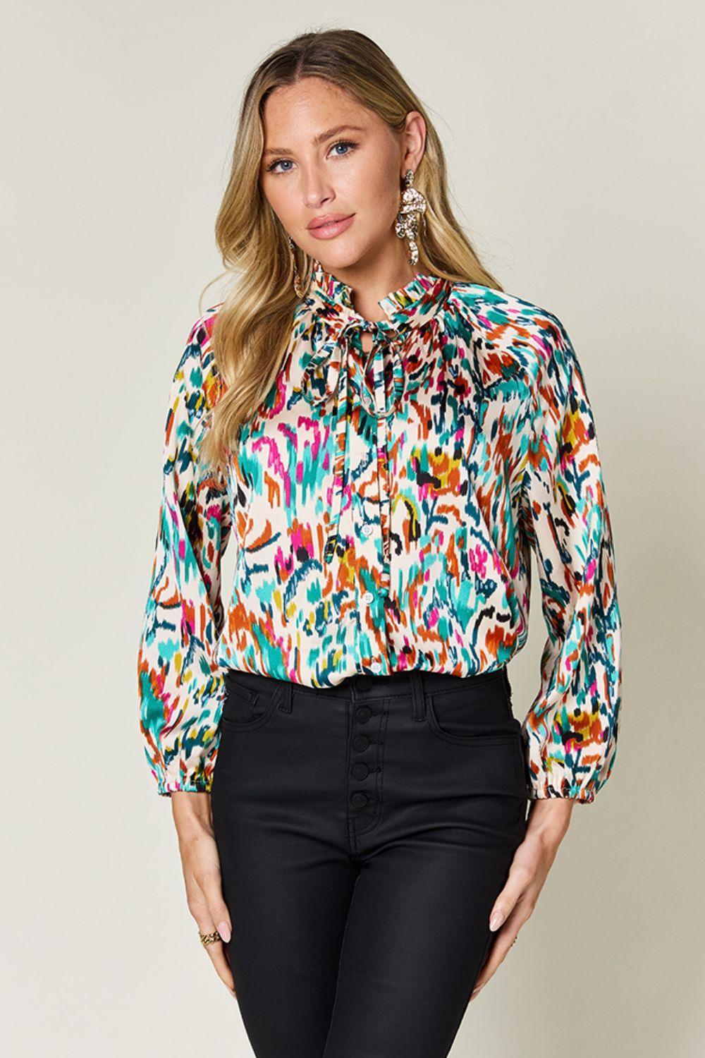 Double Take Full Size Printed Button Up Long Sleeve Shirt Teal