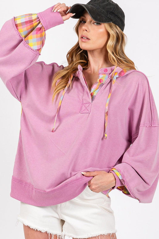 SAGE + FIG Full Size Plaid Print Washed Hoodie Lilac