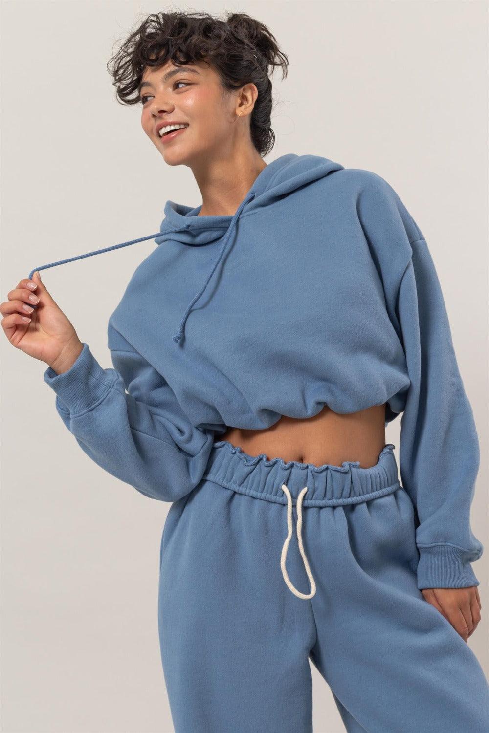 HYFVE Bubble Hem Cropped Hoodie Gray Blue