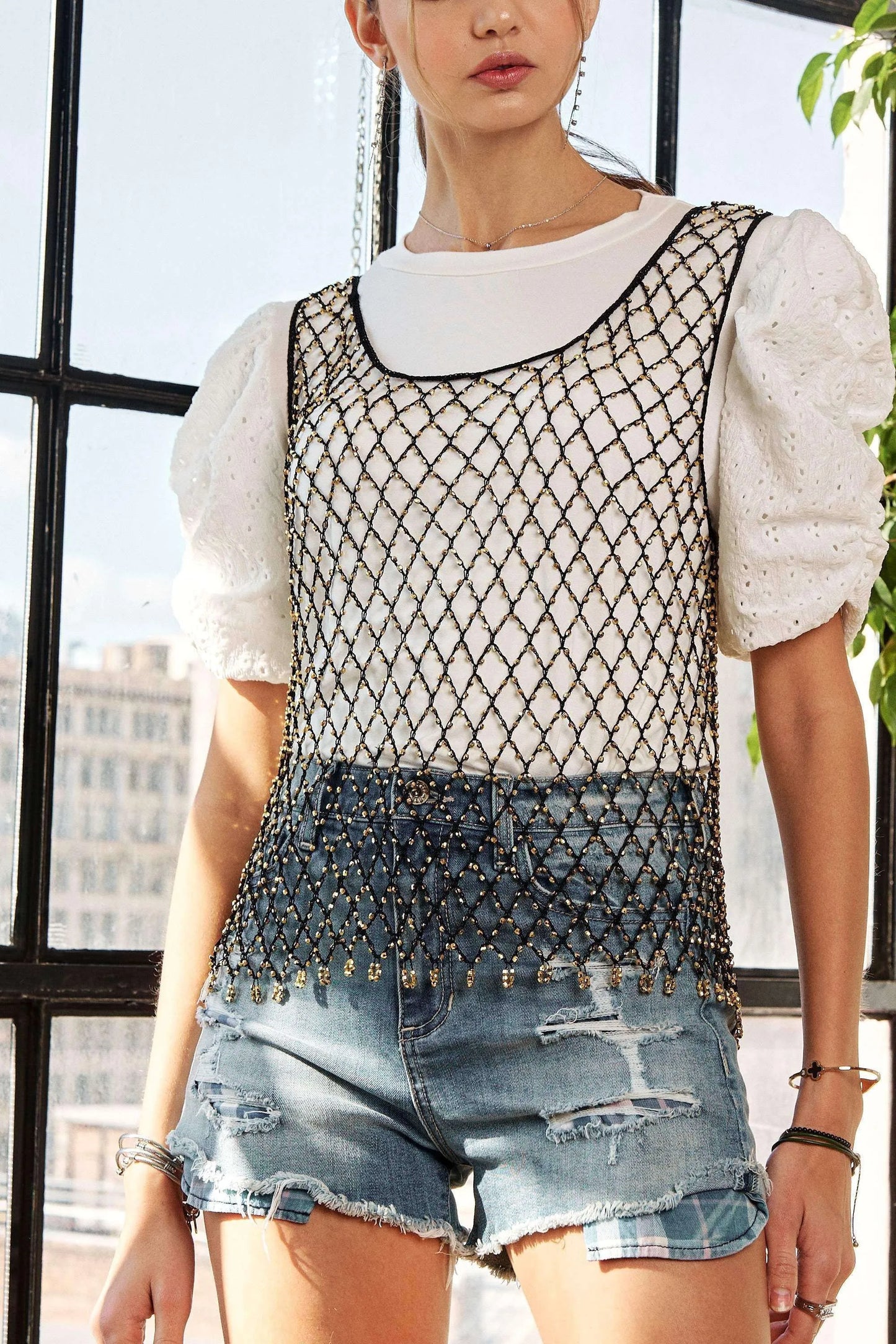 ADORA Beads Accent Fishnet Tank Top