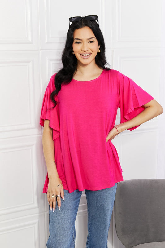 Yelete Full Size More Than Words Flutter Sleeve Top Hot Pink