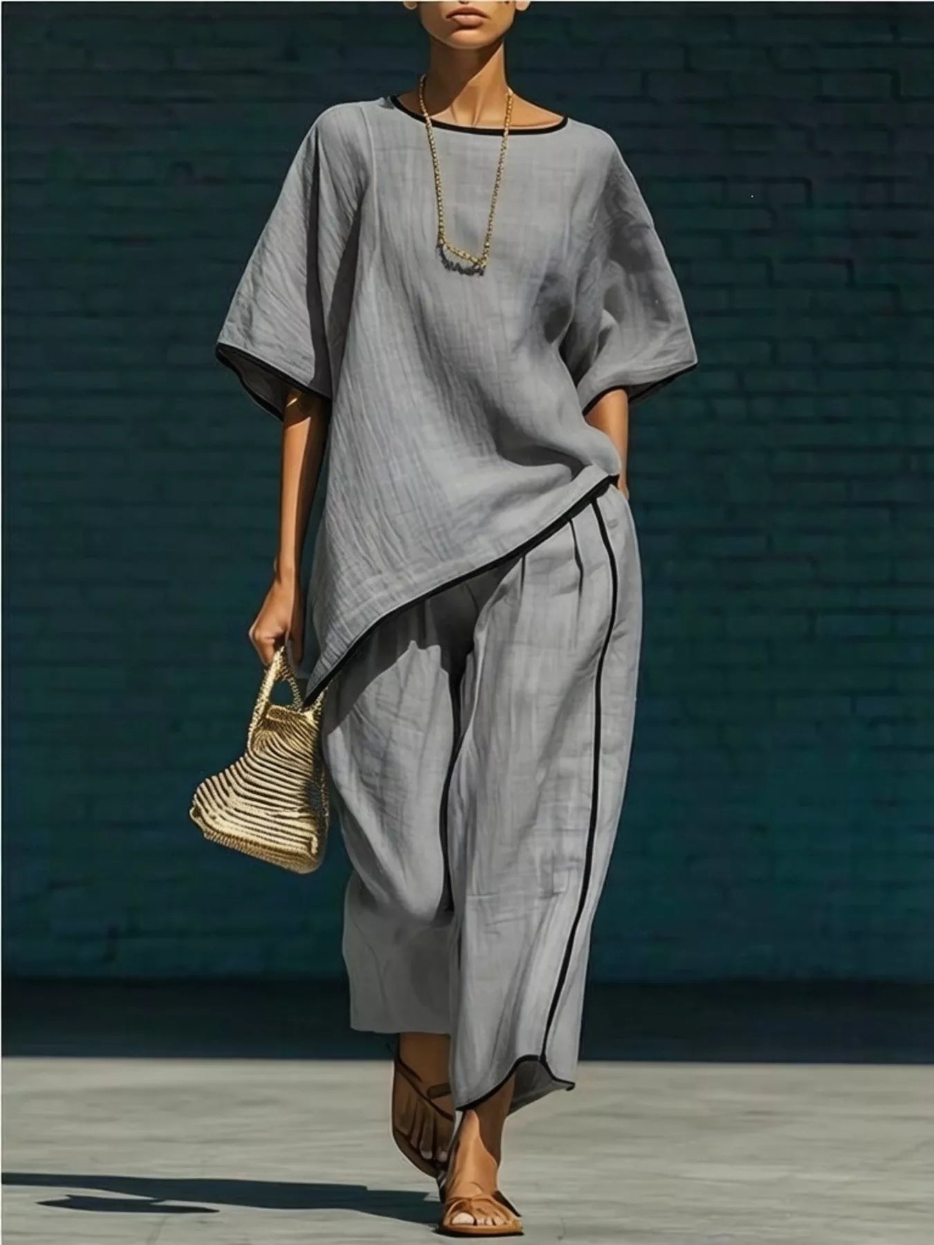 Full Size Contrast Trim Half Sleeve Top and Pants Set Plus Size