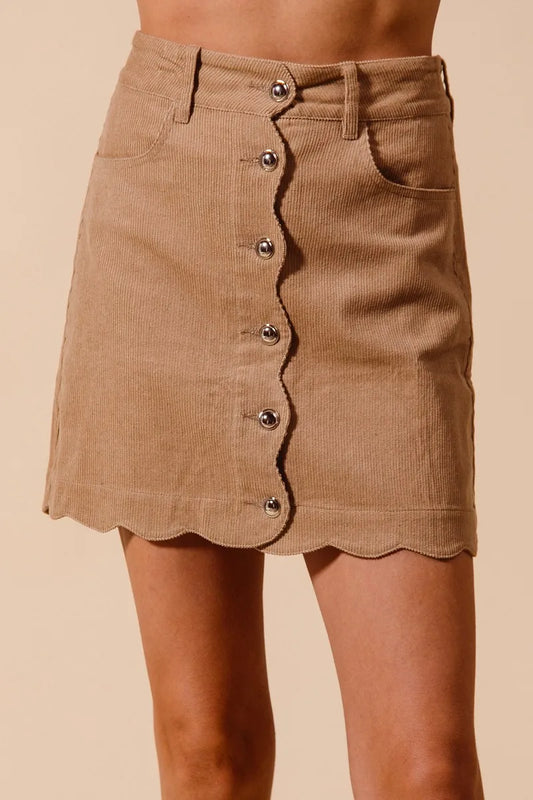 SO ME Scallop Buttoned Front Corduroy Mini Skirt TAUPE