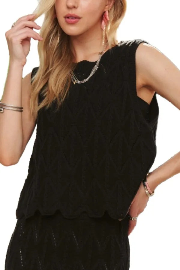 ADORA Crocheted Sleeveless Top with Scalloped Hem BLACK