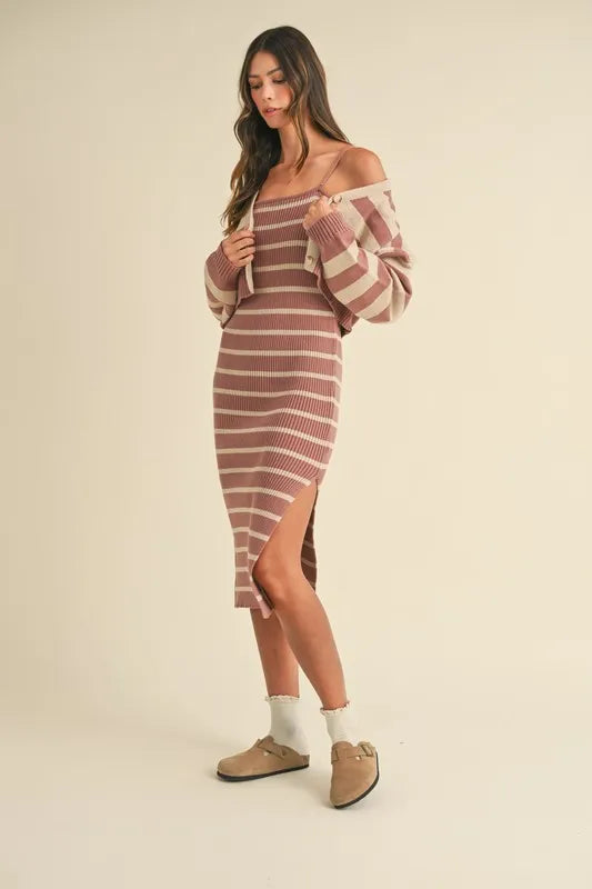 MABLE Stripe Crop Cardigan and Bodycon Dress Sweater Set
