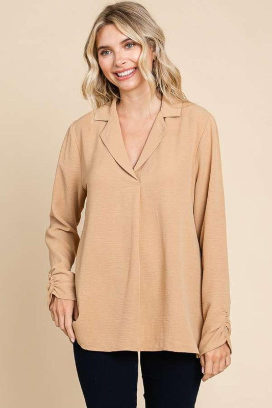 Culture Code Full Size Lapel Collar Ruched Long Sleeve Blouse ICED