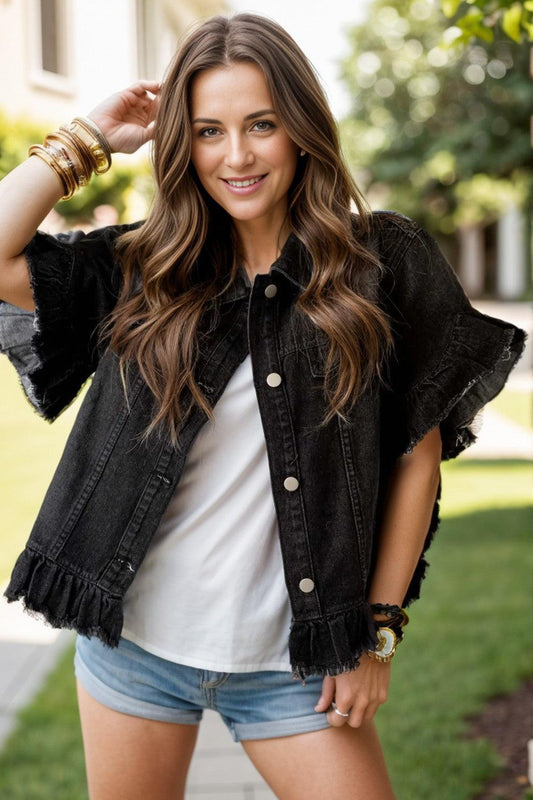 Raw Hem Button Up Denim Top Black