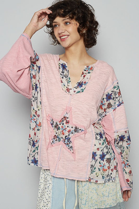 POL Floral Stud Detail Star Patch Notched Long Sleeve T-Shirt Blush Pink
